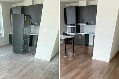 a kitchen with a refrigerator and a table
